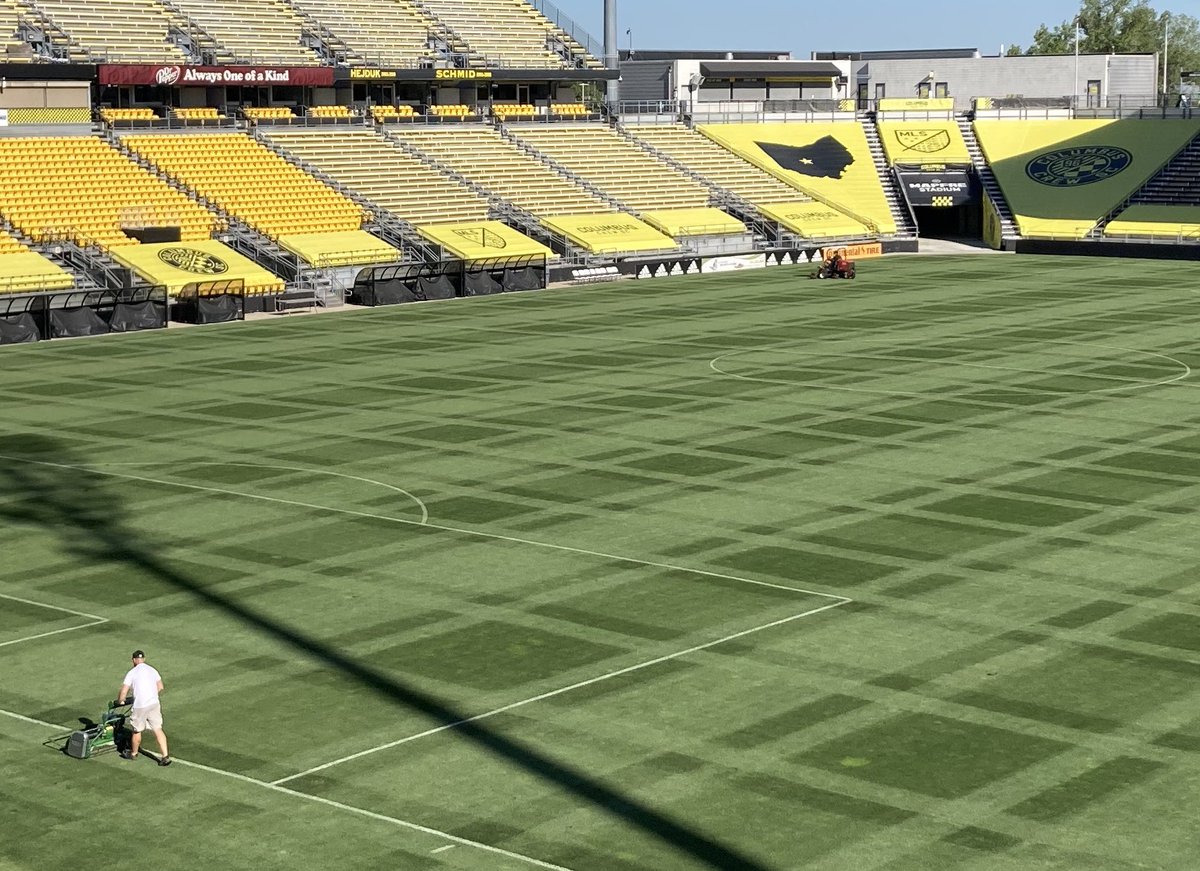 footyturf's tweet photo. Staff crushed it this week. Many hours spent mowing while giving up their holiday weekend to get everything set for our 2nd match of the week. Hope the boys can find a way around that bus ⁦@fccincinnati⁩ is bringing up. https://t.co/xao6gEv9OU