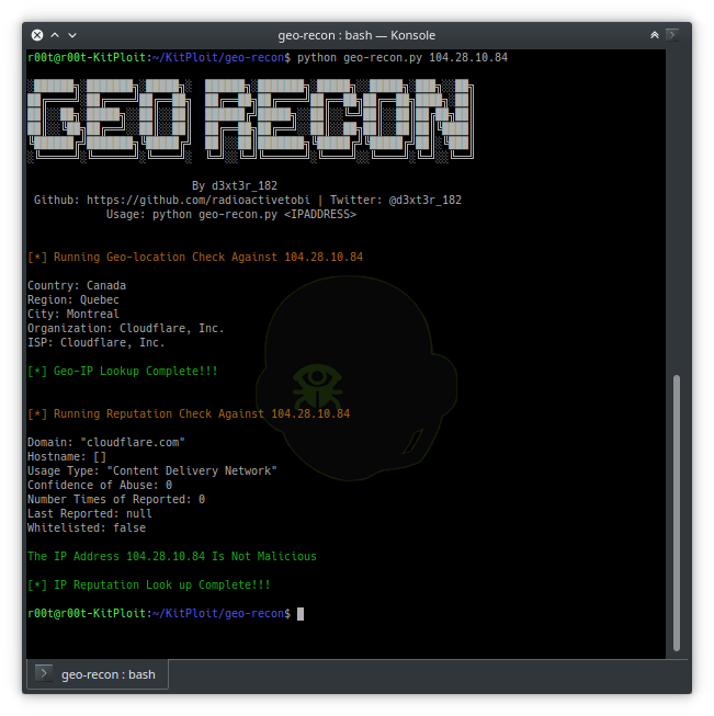 Geo-Recon - An OSINT CLI Tool Desgined To Fast Track IP Reputation And Geo-locaton Look Up For Security Analysts j.mp/35hLayl