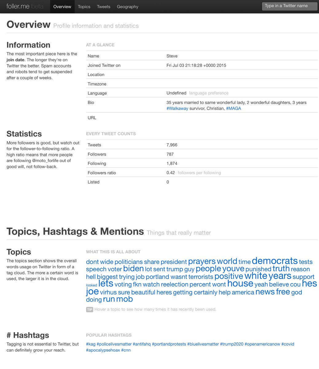 I tend to “blend” numerous analytical toolsThen I put my eyes on the accountit’s best to see it for yourself, particularly the context & contentI like this tool because you can see the word cloud & hashtagsSuggest it is in Texas & doesn’t sleep much  https://foller.me/moto_forlife 