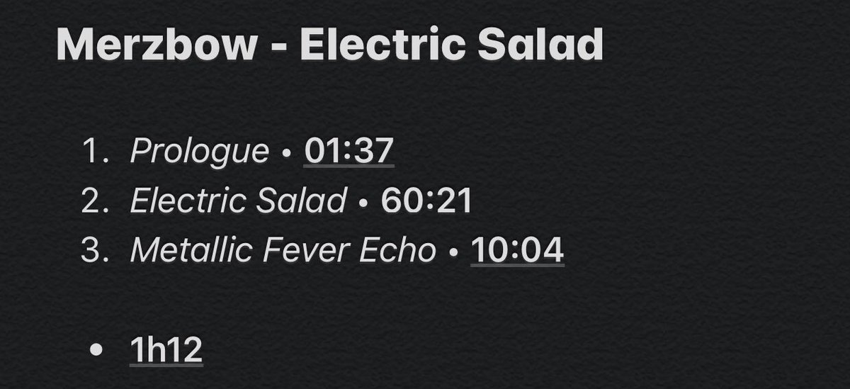 13/107: Electric SaladInteresting record. It has a main track who’s 60 minutes long and this track is very complete. Minimalist, electric and noisy are the words I would use to describe this album. Merzbow also uses samples and I always love when he does that. Kinda cool.