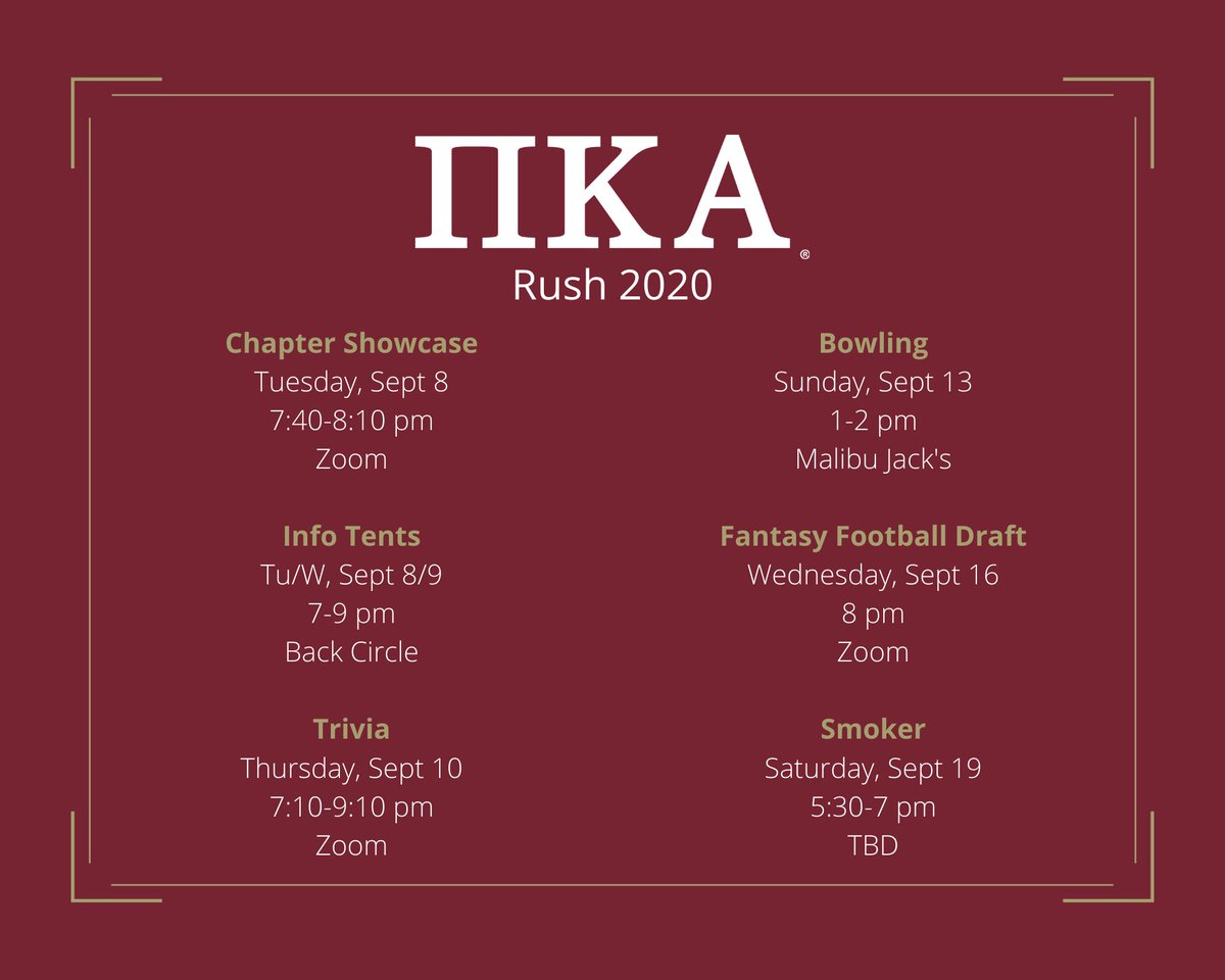 TransyPike's tweet photo. Recruitment starts this week! Get to know the brothers during our chapter showcase and at our info tent. Hang out with us at our trivia, bowling, and fantasy football draft events. Oh, and #RushPike! https://t.co/OCKrFY17kl
