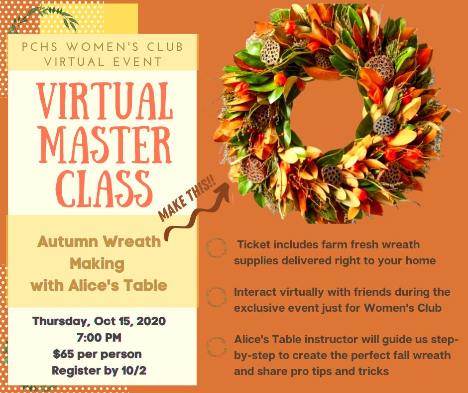 PCHSWomensClub's tweet photo. Ready for Fall? Feeling creative?  Join our virtual event and learn how to make this beautiful wreath from the professionals at Alice’s Table. All current PCHS moms and moms of alumni are welcome! 
Must pre-register here by 10/2: 

https://t.co/1699UhDu8U https://t.co/KeUJQrl3k0