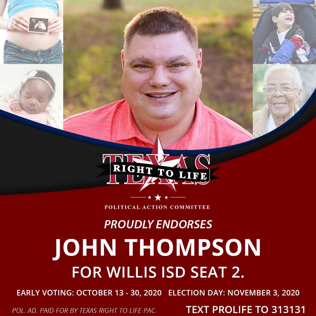TXRightToLife's tweet photo. John Thompson is a strong Christrian Conservative with a heart for educating children and strong passion for the Pro-Life cause. We are proud to endorse his candidacy, and encourage Pro-Life voters in Willis to vote for him on November 3rd! #VoteProLife #ProLifeTexas https://t.co/awPBzc2jme