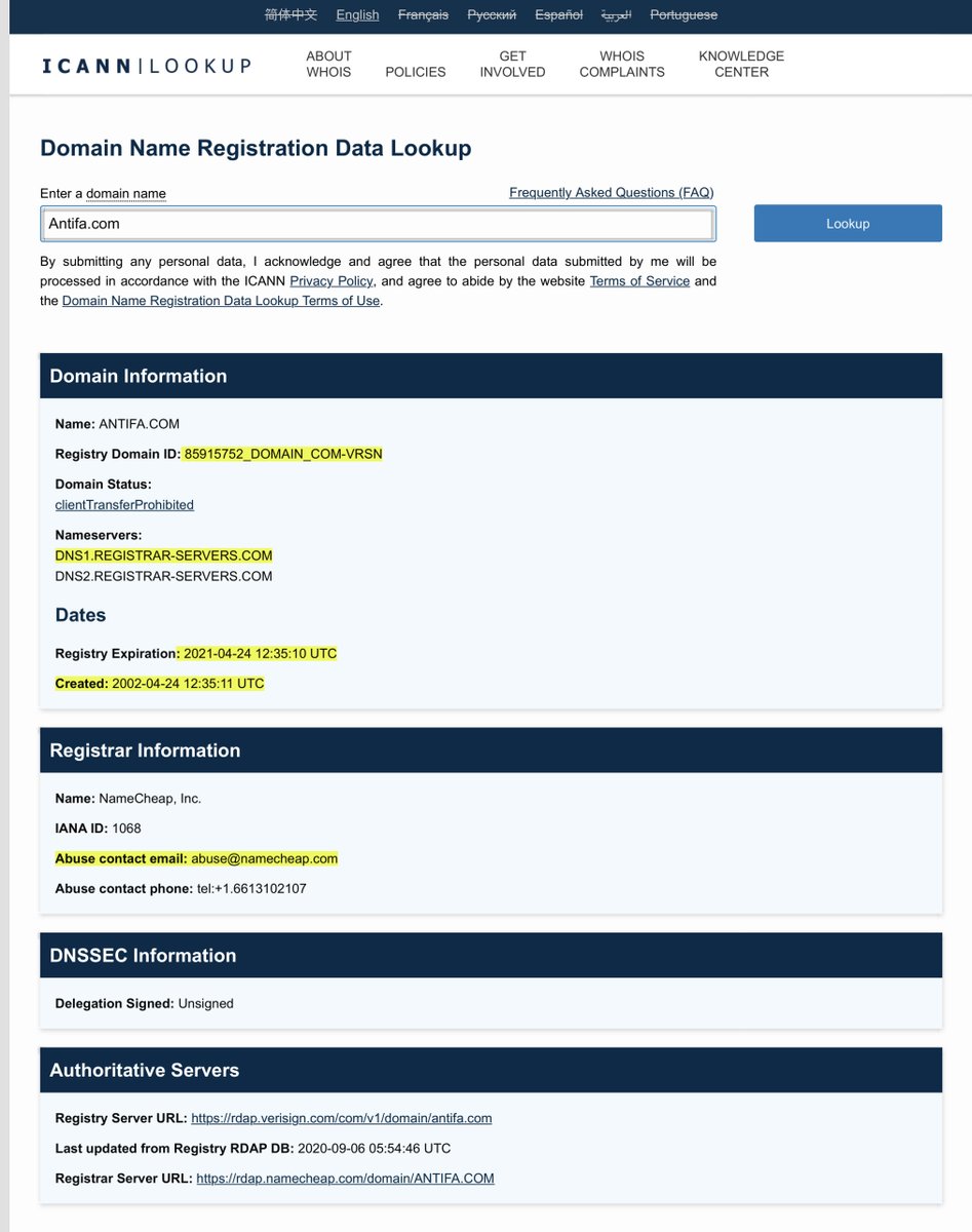 And granted I am NOT that smart - the ANTIFA(.)com redirects to  @JoeBiden campaign  https://lookup.icann.org/lookup The domain was registered way back in 2002 - not 2020This is where I tag in people way smarter than moicc  @ushadrons  @SlickRockWeb  @ChiefCovfefe  @IdeaGov