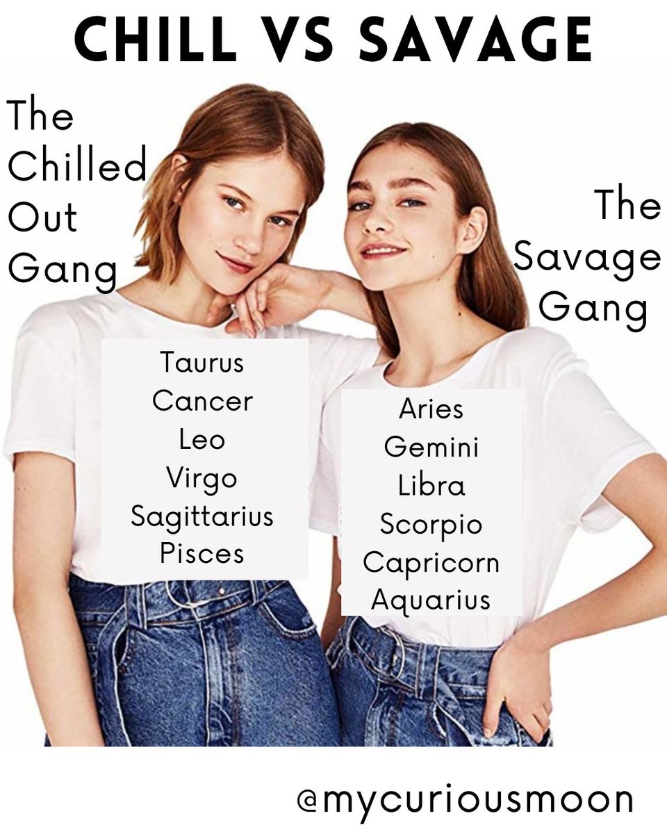 mycuriousmoon's tweet photo. #ZodiacSigns Chill Vs. Savage

Is your #sign chill or savage? Do let us know in the #comment section 👇👇👇
.
#Tag your #Zodiac #BFF to have the fun together 💌
.
Don't forget to #like, #share and #follow

#MyCuriousMoon #MCM #starsigns #stars #astrologysign #astrologypost https://t.co/vw5mP9WVnn