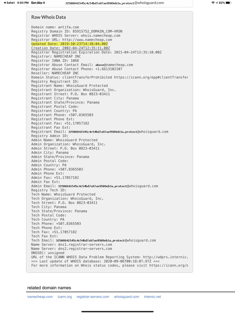 And this is why I don’t just rely on 1 domain databasedomain was registered in 20022019 it was transferred August 18, 2020 it was changed & I believe that’s when it was re-directed to Biden’s campaignBut I’m not that smart so I defer to experts https://www.whois.com/whois/antifa.com