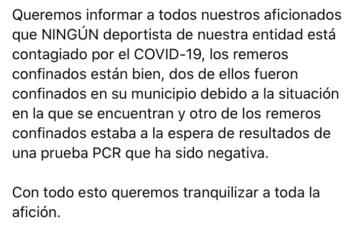 🔷 Queremos informar a todos nuestros aficionados que NINGÚN deportista de nuestra entidad está contagiado por el COVID-19 🔷