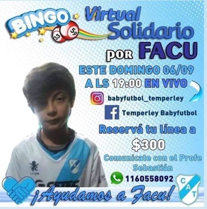 VavelTemperley's tweet photo. #Temperley | Se está realizando un bingo virtual que con lo recaudado será destinado al tratamiento oncológico de Facu. El sorteo se hará el domingo 6/9 a las 19.00 hs por la página oficial de Facebook e Instagram de Baby Fútbol. https://t.co/eON2HrAHWO