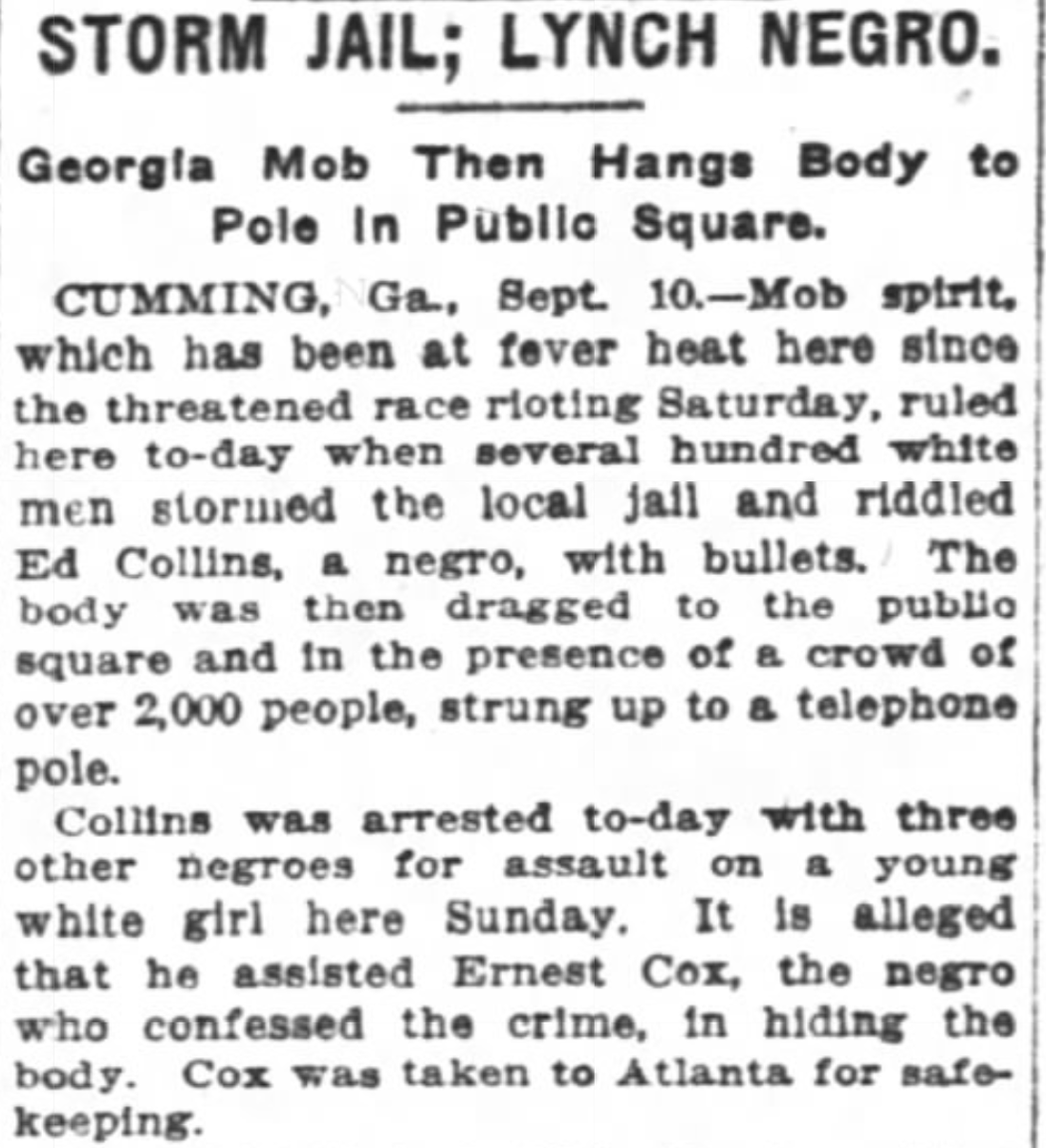 Three more Black teens and a neighbor were arrested: Oscar Daniel, Jane Daniel, Rob Edwards, + Ed Collins. Later that day, up to 4,000 people attacked the county jail. They killed/lynched Edwards, but his body was so mutilated that the newspapers kept saying it was Ed Collins.