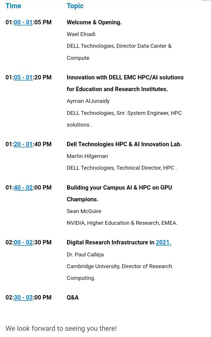 mshiekh12's tweet photo. Dell Technologies is hosting a Virtual event :-
Accelerate your Education Transformation with HPC/AI Solutions.
On Wednesday 9th of September 2020 from 1 PM to 3 PM (GMT +3).
Speakers from DELL, NVIDIA & Cambridge University.
https://t.co/wvGLnbeRaU
@HPCSaudi https://t.co/HP8uBOegCx