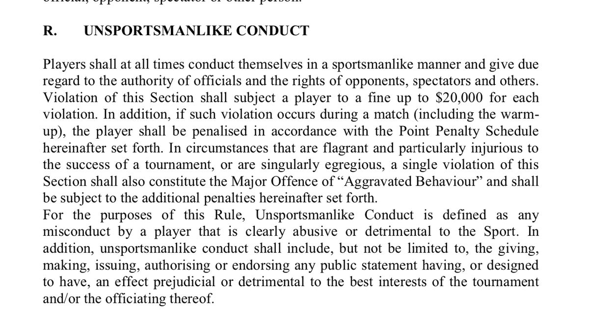 NickMcCarvel's tweet photo. According to the Grand Slam Rulebook, it was indeed up to the officials on court.

They chose not to apply the Point Penalty Schedule, meaning they deemed it a Major Offence of 'Aggravated Behaviour.' 

Therefore, default

#usopen https://t.co/7kiCtLFFPN