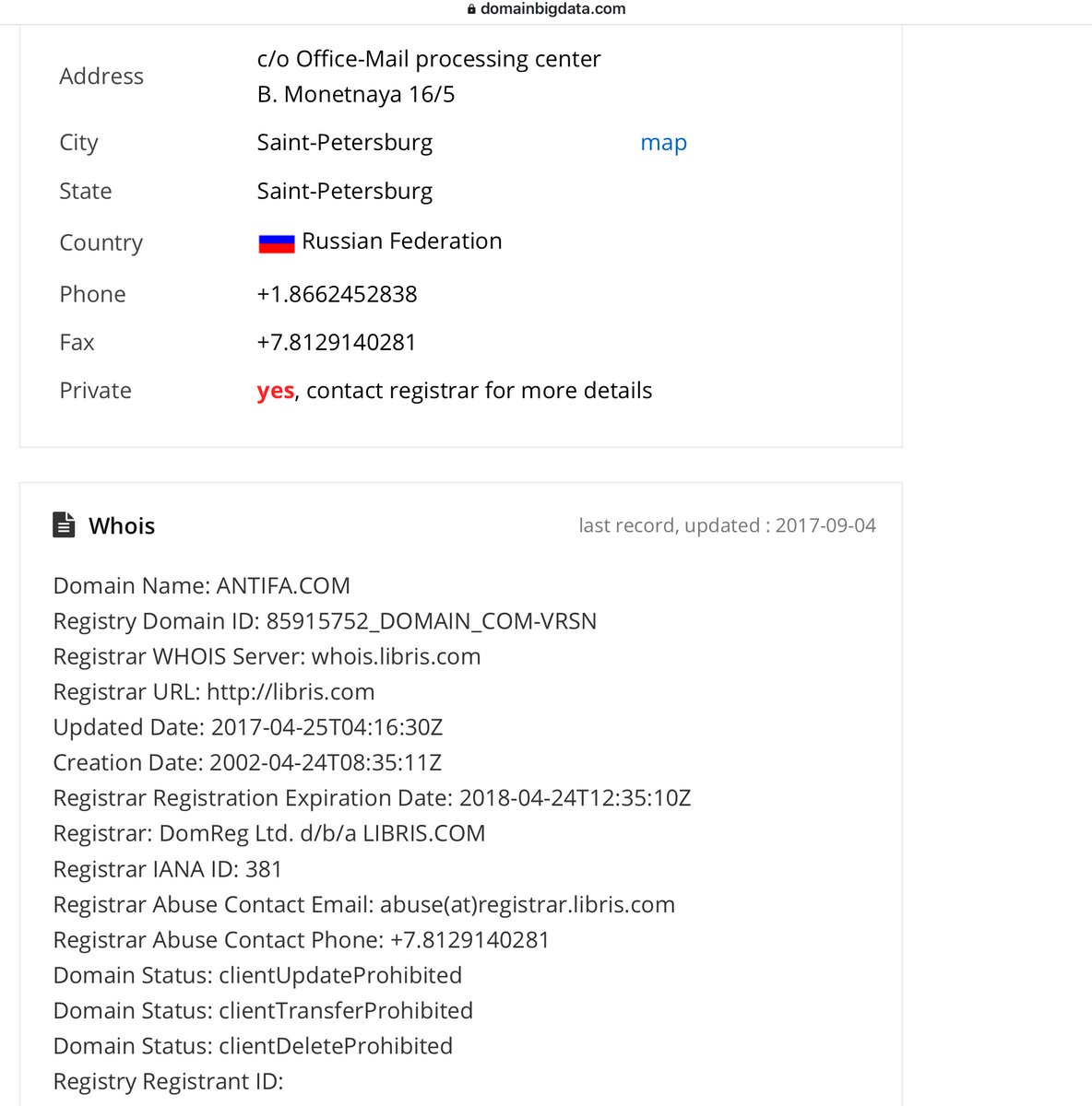 In sum and substance 2002 ANTIFA(.)com registered 2019 domain changesAugust 2020 domain now redirects to  @JoeBiden campaign & preliminary research suggest it’s in RussiaI am not an expert and I defer to those who are Any idea?ht  @MetroplexSocial https://domainbigdata.com/antifa.com 