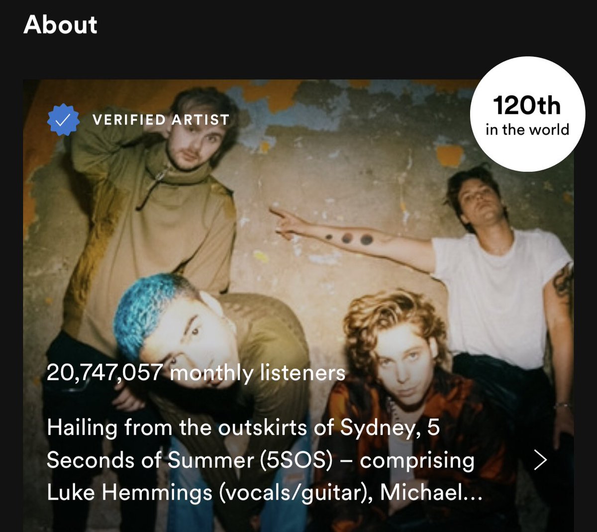 lighturwayirwin's tweet photo. This is awesome. From 123rd to 120th in a day!!! Follow and stream @5SOS on Spotify. #streamkillmytime https://t.co/v07g5VGkeK