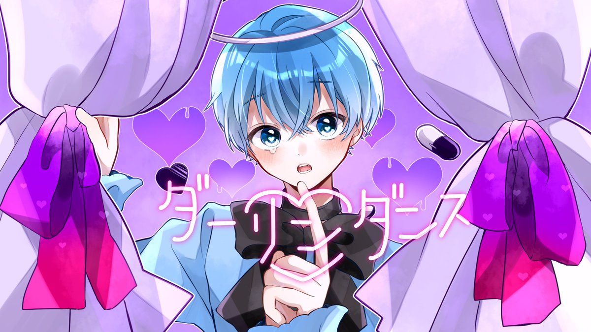 male focus blue hair 1boy blue eyes halo looking at viewer bow  illustration images
