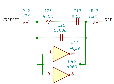 VREF comes from this bias DAC, which is VERY unusual. VREFSET is a PWM or PFM signal from the FPGA, and U4 is an unbuffered hex inverter configured as an inverting op-amp!!!