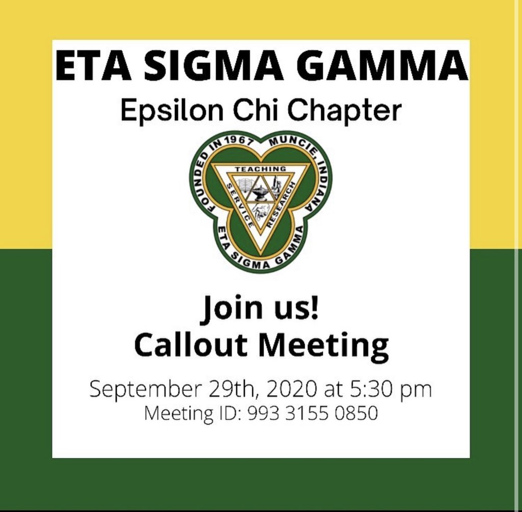 Welcome! Eta Sigma Gamma is a National Honor Society for Health Education. We focus on three core competencies which are teaching, service and research.

Want to get involved? Join us at our Callout meeting! Meet our new members, plan future events and get to know more about ESG!