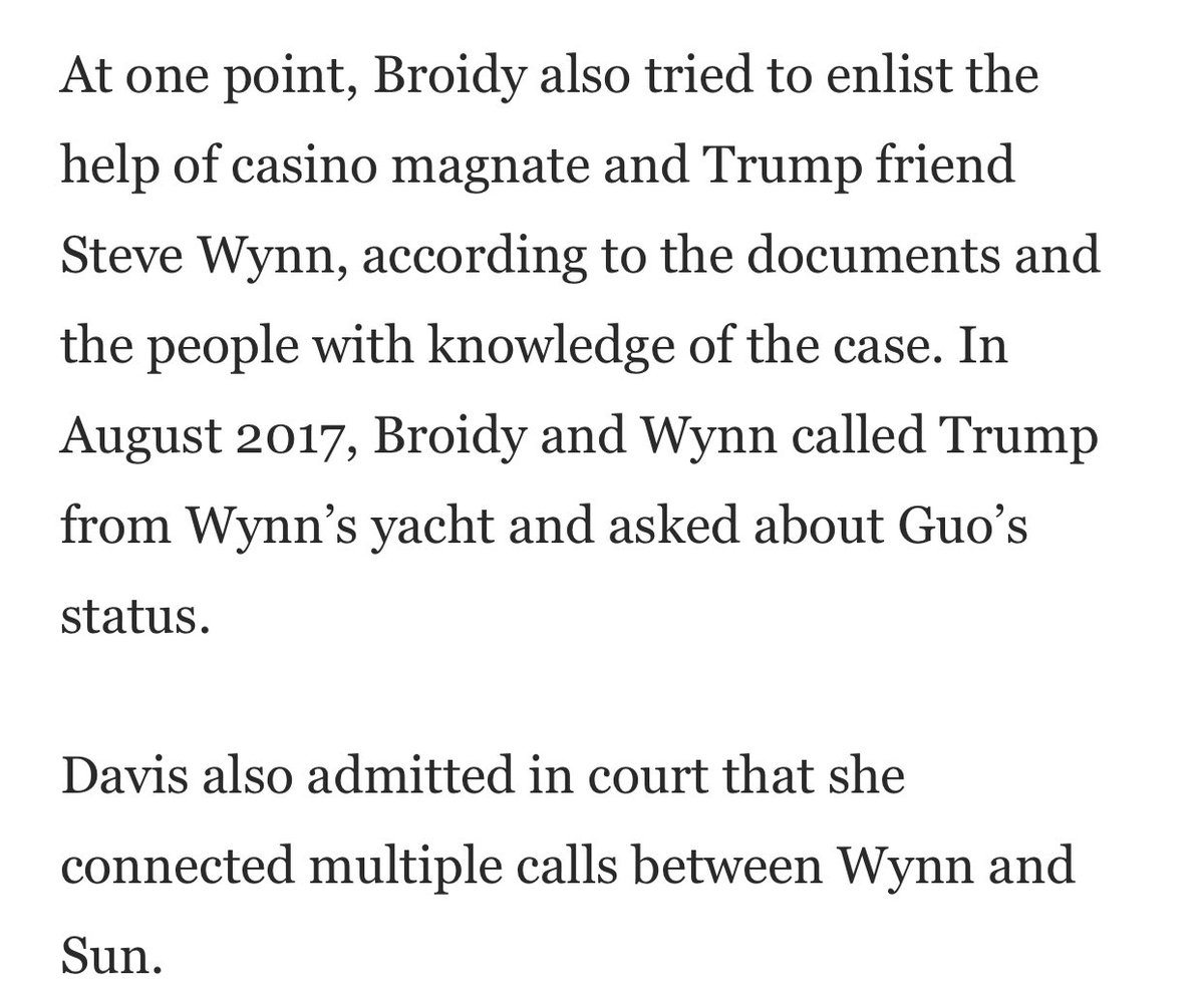 Broidy allegedly made various entreaties to people in the TRUMP administration or close to it, INCLUDING President Trump’s then-chief of staff,  @Reince AND his former deputy campaign chairman, Rick Gates, Steve Wynn AND  @realDonaldTrump 