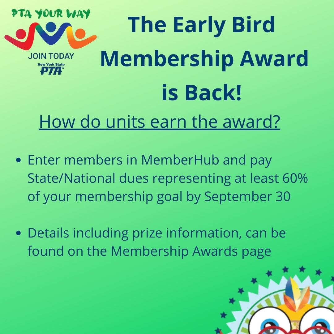 The Early Bird Membership Award for units is back! Check out the details on our awards page, and good luck to all!

nyspta.org/membership-awa…

#membership #awards #earlybird #PTAYourWay #PTAToday #PTA4Kids