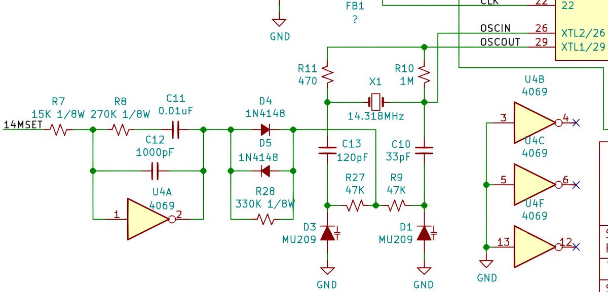 here's the 14.318MHz oscillator. the FPGA has an internal crystal oscillator circuit, but there's some trickery here with D1/D3. these are varactor diodes--special diodes whose capacitance changes depending on the applied DC bias voltage.
