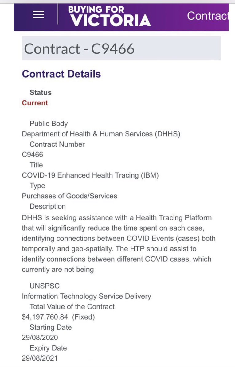 georgiecrozier's tweet photo. DHHS contract for a bit of technology for contact tracing ... note the date, just a few days ago.  ⁦@DanielAndrewsMP⁩ can’t spin his way out of this mess. It’s been a debacle. Just get Feds in to assist like they have offered ⁦@RossAndRussel⁩ #springst https://t.co/O2f7zQkmF7