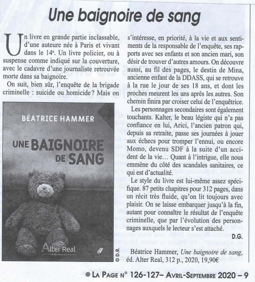 HammerBeatrice's tweet photo. Ravie de cet article de Dominique Gentil au sujet de mon polar dans mon journal préféré, @LaPage14 !
On peut commander le livre sur @placedlibraires, et je viens de découvrir qu'il était en stock à la @divanlibrairie 😍😍😍
#polar #lecture #beatricehammer #alterreal https://t.co/h0hfIvUEDE