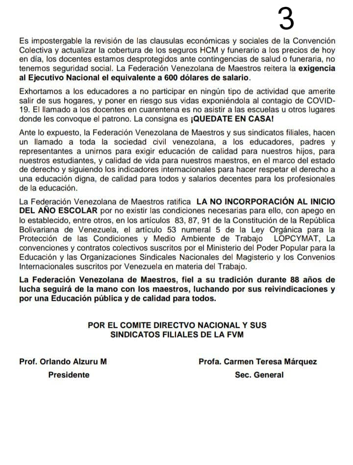 SinvemaT's tweet photo. SINVEMA Miranda Tuy informa a sus afiliados la posición de la FVM y los 27 sindicatos relacionada a la no incorporación a las clases el venidero 16 Septiembre #FVMEnLaLucha #NoExistenCondiciones #600DolaresDeSalario https://t.co/8kpA4ADmYG
