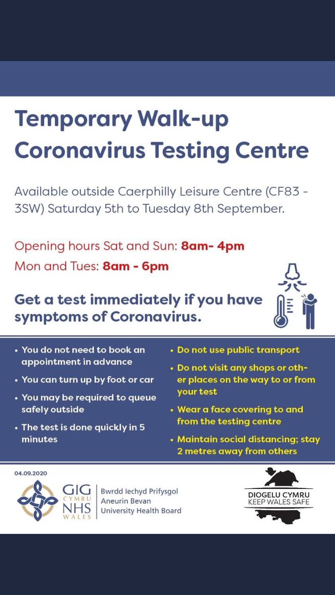 Our coronavirus testing centre will be open from 8am until 6pm tomorrow, at Caerphilly Leisure Centre. If you are feeling unwell please go along for a free test #test #test #test <a href="/AneurinBevanUHB/">Aneurin Bevan University Health Board</a> <a href="/CaerphillyCBC/">CaerphillyCBC</a> <a href="/PublicHealthW/">Public Health Wales</a>