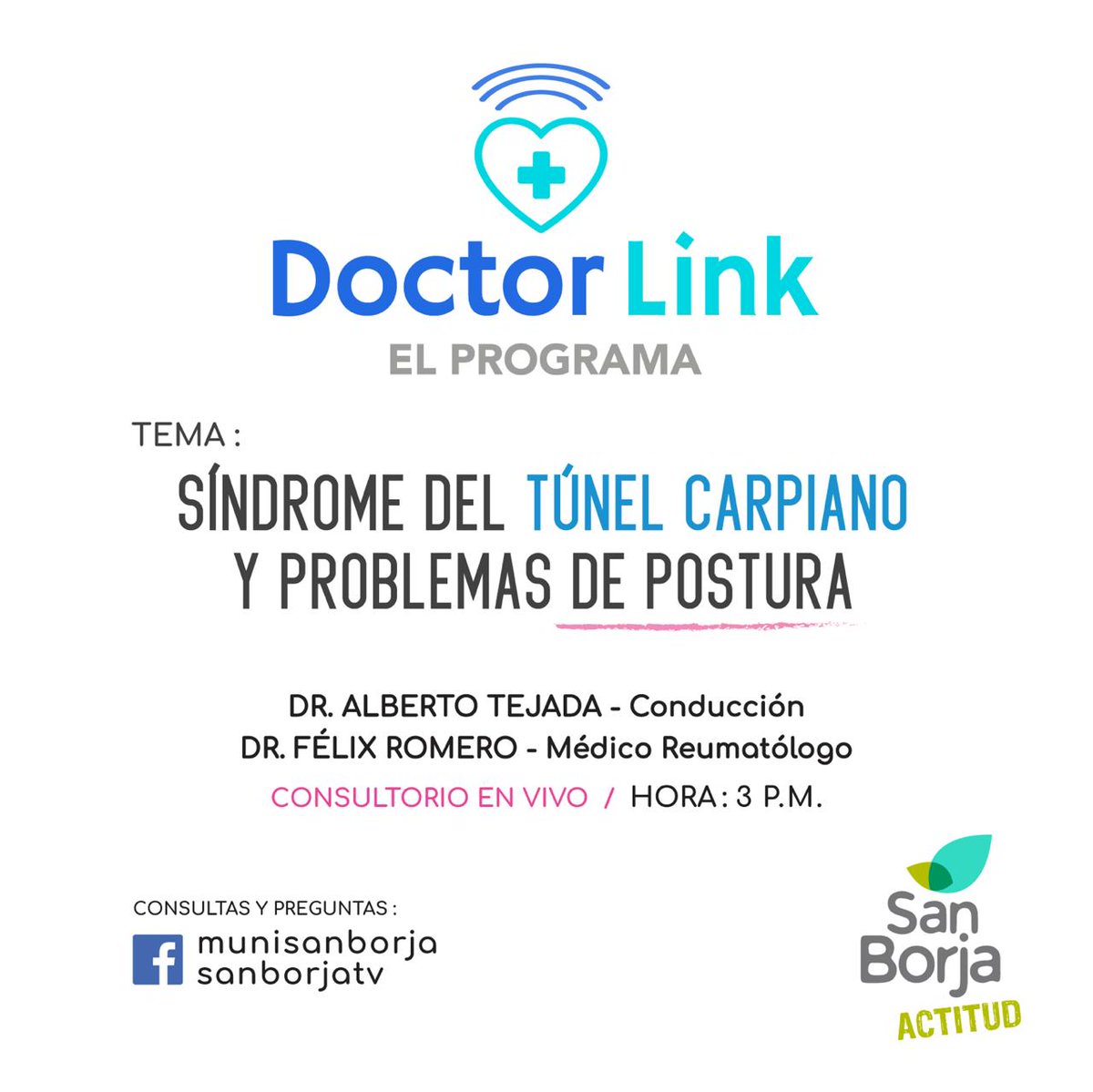 MunideSanBorja's tweet photo. 📌 ¿Has sentido un dolor agudo desde la muñeca hasta el brazo? De ser así, probablemente tengas el síndrome del túnel carpiano.

No te pierdas mañana a las 3:00 p.m. nuestra transmisión en vivo de #DoctorLink 👨‍⚕️, donde conversaremos acerca de esto y más con el Dr. Félix Romero. https://t.co/emrl2fg472