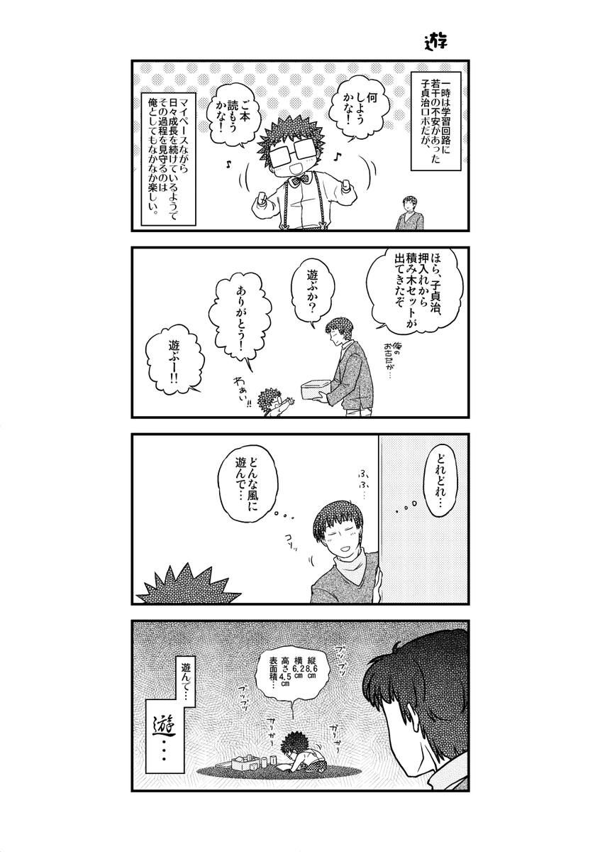同人誌再掲(2011年1月発行)
博士と教授がお互いの子ロボを作って生活するこじらせ4コマ
この本の前に同じシリーズの一作目が出ているのですがデータ破損の為に再掲できず…!
1/4