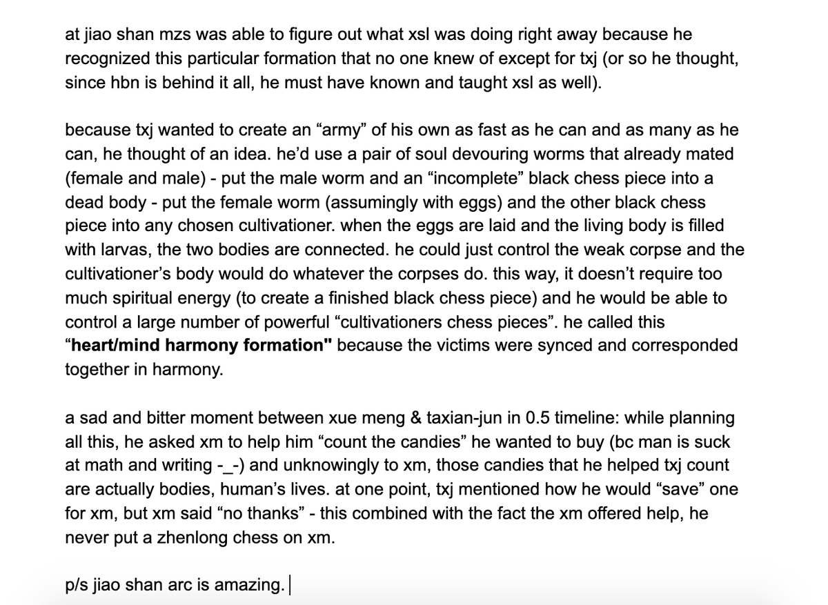 tw// corpse - insects i'll describe briefly what exactly did txj do to mastered zhenlong chess technique and thus created "heart/mind harmony formation". a sad thought: he is familiar around dead bodies because of his childhood (his mom) - c. 203