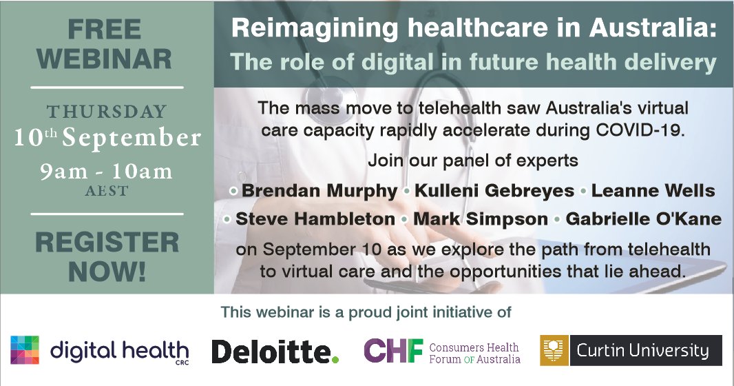 digihealthcrc's tweet photo. This Thursday, join Health Secretary Professor Brendan Murphy and expert panel to discuss how Australia can move from #Telehealth - growing under #COVID19 - to #virtualcare. 
Register now! https://t.co/Ci2jEX6Pyk https://t.co/B6zql6V7WP