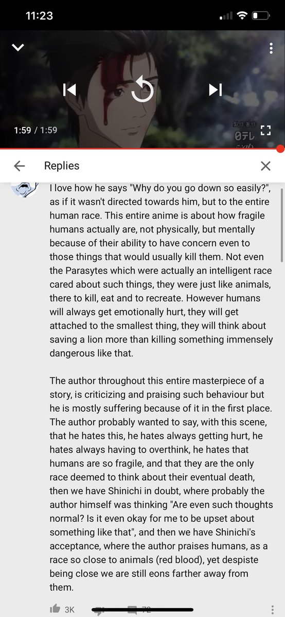 SupremeDreams_1's tweet photo. This dude on this YouTube comment really got deep asf🤣 had me in deep thought. 🤔 ( The Anime is Parasyte) https://t.co/6Yqg6SpsjD