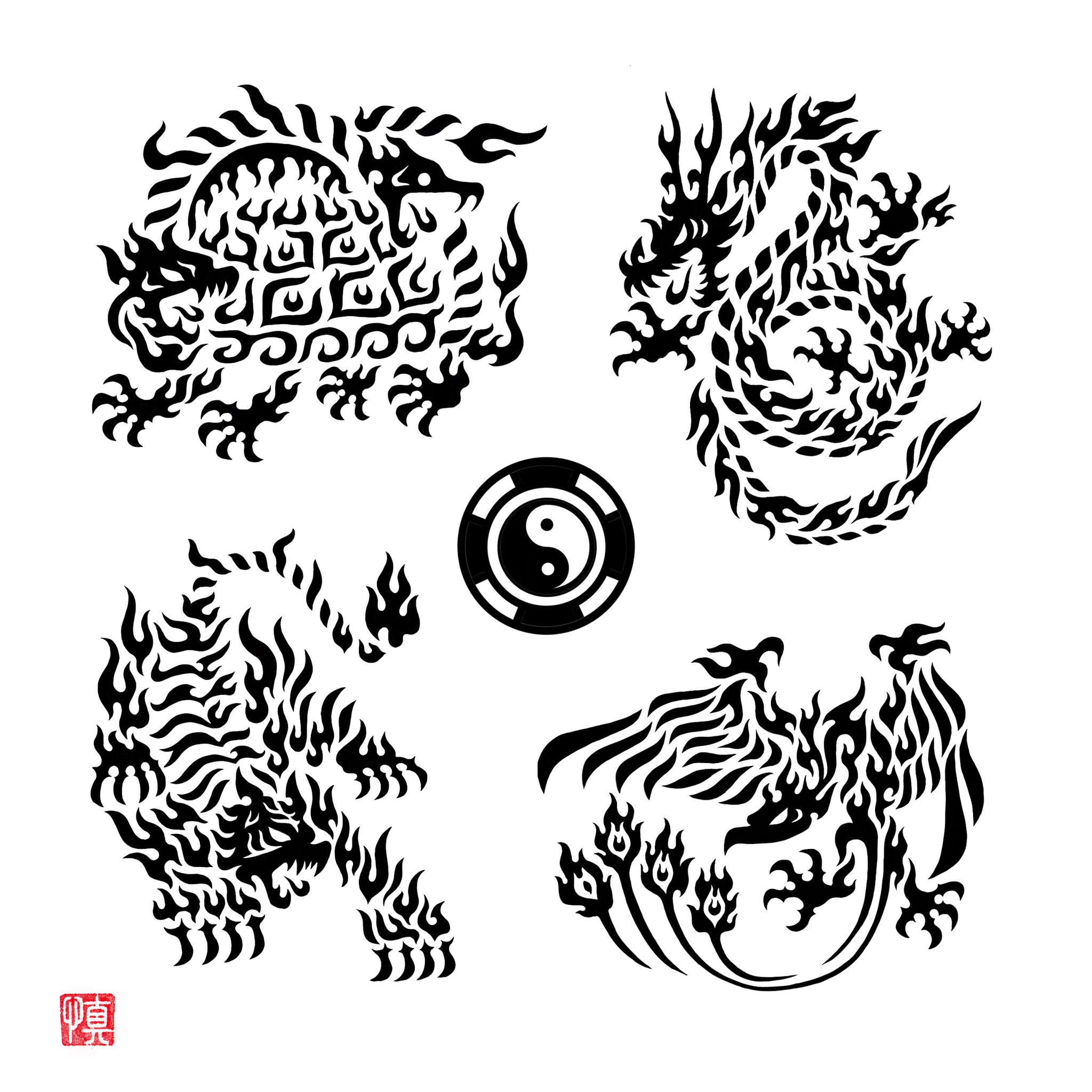 Shin1ro トライバルで四神さま 四神相応の考えが ちらし寿司にも入っているとか いないとか イラスト トライバル 四神 玄武 青龍 朱雀 白虎 四神相応 T Co Mbogno5kc2 Twitter