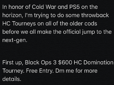 $600 BO3 HC Tourney. Feel free to tag some cod legends that would be interested 👀