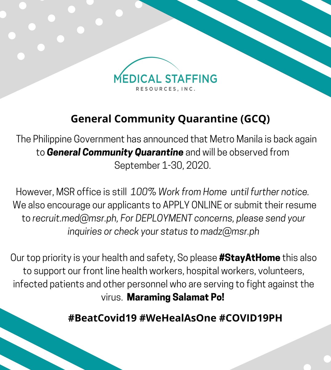 GCQ Update : MSR will observed 100% Work from home until further notice. 

For our Applicants, please send your CV to recruit.med@msr.ph

Thank you and Keep safe always!

#MSR #GCQ #COVID19 #WorkforceUpdate