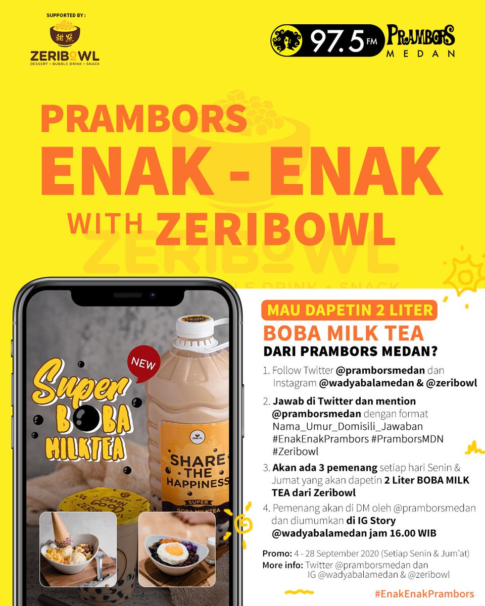 pramborsmedan's tweet photo. Prambors Enak enak Is Back!! Hari ini siapa yang mau dapetin 2 liter BOBA MILK TEA dari Zeribowl ? Yuks ikutan quiz dan dengerin alert nya di jam DJ show 10.00-16.00
Cek image di bawah ini . Jangan Sampai ketinggalan
#enakenakprambors #pramborsMDN #zeribowl https://t.co/HLZ7FTXfhb