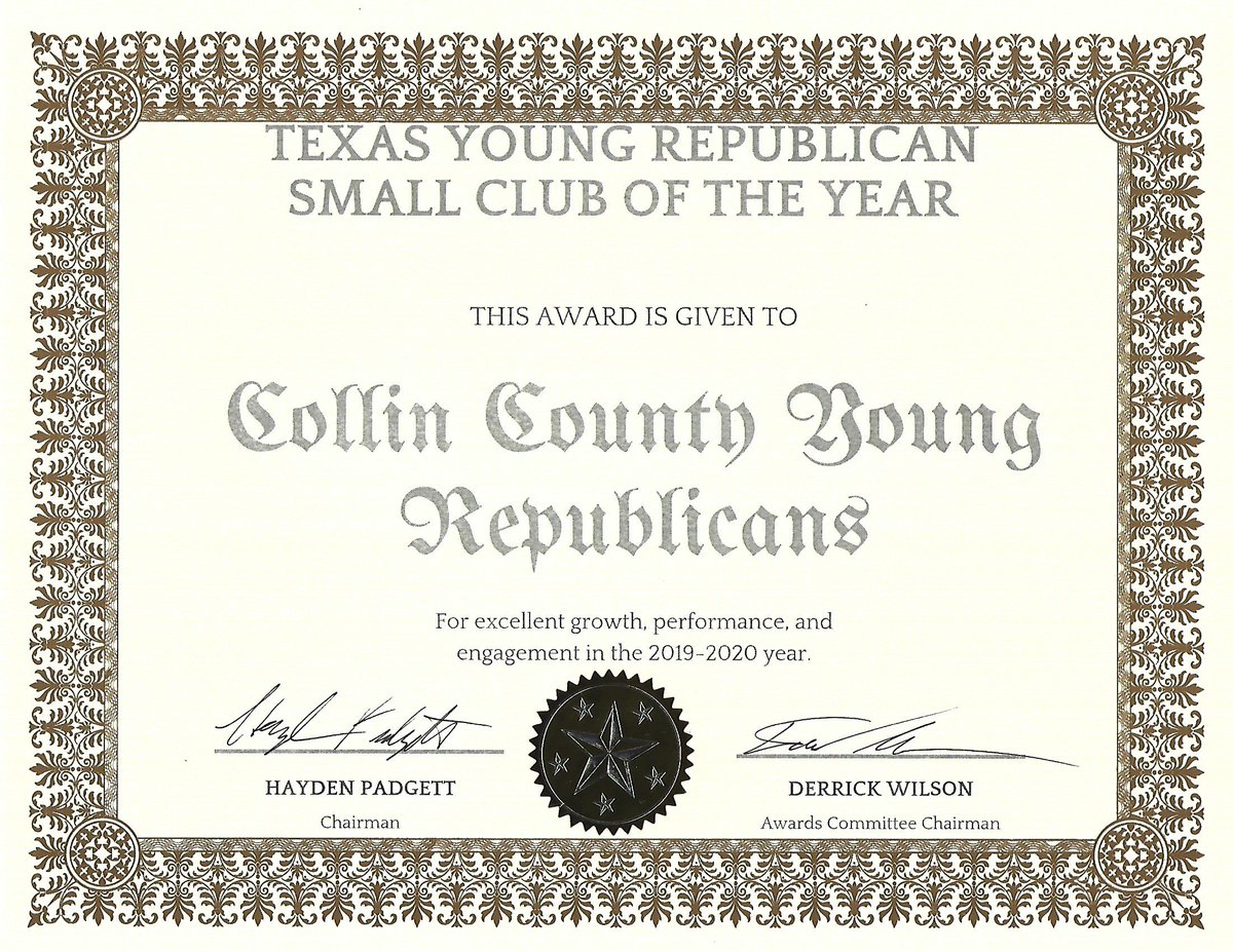 CCYRTX's tweet photo. Winners of the @TexasYRs Small Club (75 members or less) of the Year and Political Engagement Event of the Year for the @TexasGOP Chairman's Debate we hosted in February! Thank you to the #TYRF clubs for choosing our club for these awards! #leadright #TYRRockwall @CollinGOP https://t.co/xJhTilDVih