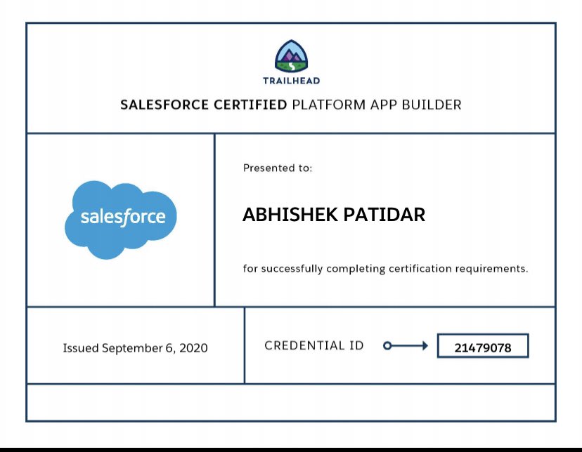 I’m delighted to announce that I’ve cleared Platform App builder certification. I’m 2X Salesforce certified now🤩. Thank you @avishek_2005 and @aviralagarwal2 for your motivation & @dvdkliu for the ‘Godspeed’. #TrailBlazer #salesforce