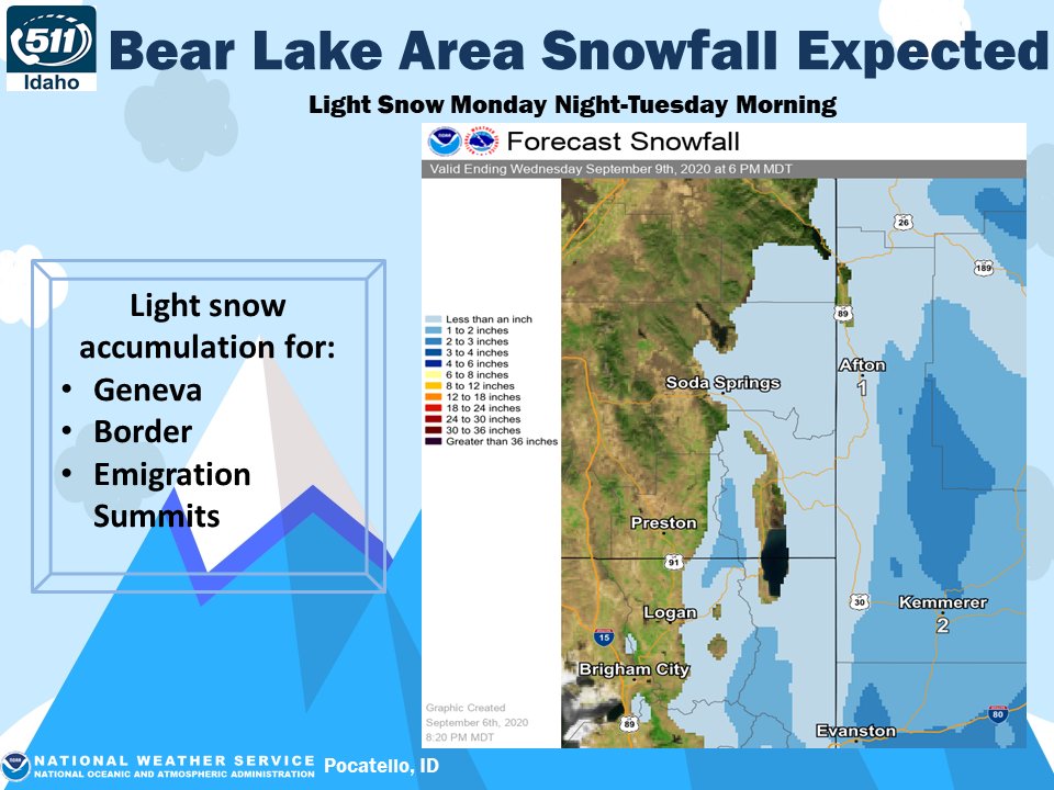 NWSPocatello's tweet photo. Rapidly falling temperatures behind tomorrow's cold front will turn rain showers --> snow showers, mainly above 7,000 feet. Mon night into Tue morning, light, accumulating snow is expected in the Bear Lake Valley. #idwx #snow #summertowinter https://t.co/vZ0IrIWpuB