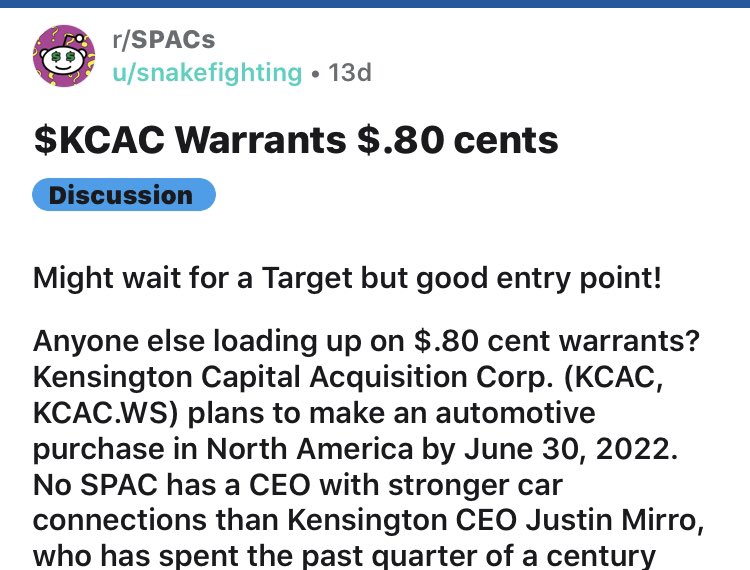 SpacsStocks's tweet photo. $SPAC, $KCAC I have posted here and on REDDIT early for these two. Both before a Target and both delivered. 💰#snakefighting #reddit https://t.co/bYxBWMVHjj