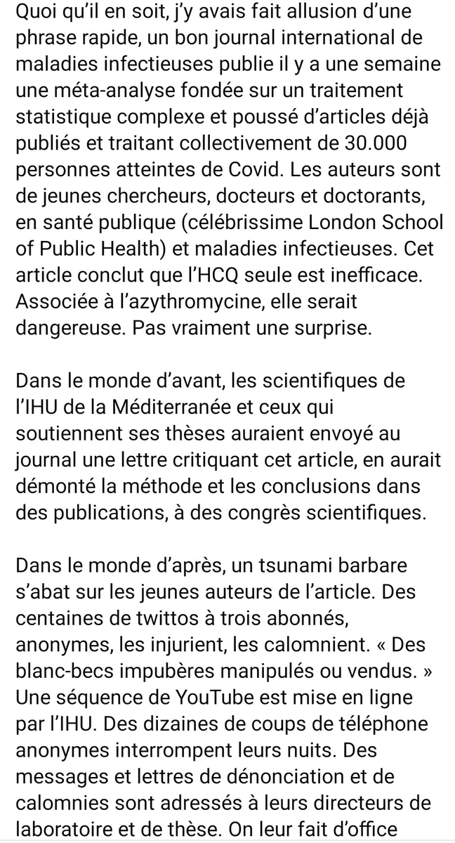 12/ @axelkahn , qui connait bien le monde de la recherche mais aussi celui de la société toute entière, a bien analysé la façon dont l'IHU, via  #Raoult_didier et son chargé de com Yanis Roussel, sont responsables du harcèlement de ces chercheurs :