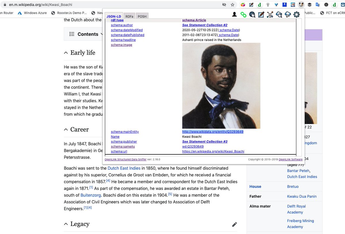 So the notion of a  #SemanticWeb has arrived, stealthily.A  #Wikipedia doc now includes  #LinkedData that creates THE critical segue from plain text to a  #KnowledgeGraph via  #RDF -- using terms from the  #SchemaOrg vocabularySee:  https://en.m.wikipedia.org/wiki/Kwasi_BoachiIt is done!  https://twitter.com/Lemisegra/status/1302267795900641280