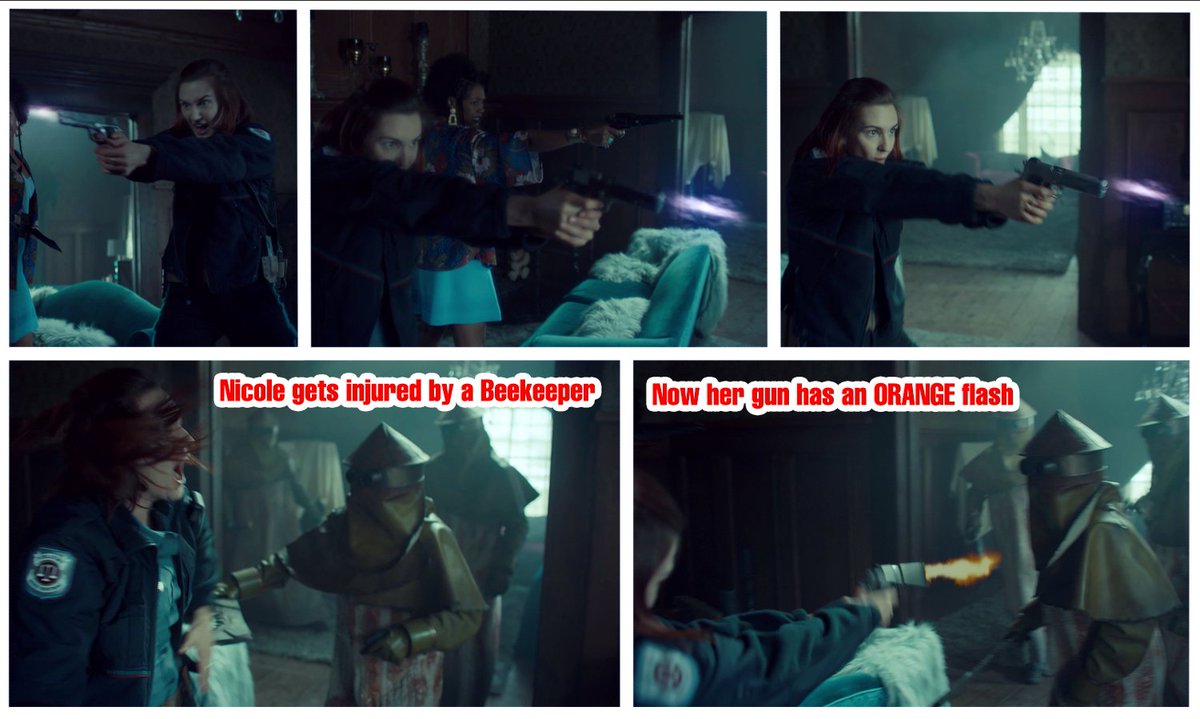 viking_elf's tweet photo. 2/5
Nicole's has a PURPLE flash
BUT after getting injured by the Beekeeper, her gun flashes ORANGE

The PURPLE flash is deliberate &amp; ONLY used for Nicole's gun = SFX or special blanks

importance = it's on purpose

Something similar happened in #WynonnaEarp s2 https://t.co/MyGd4kZ5so