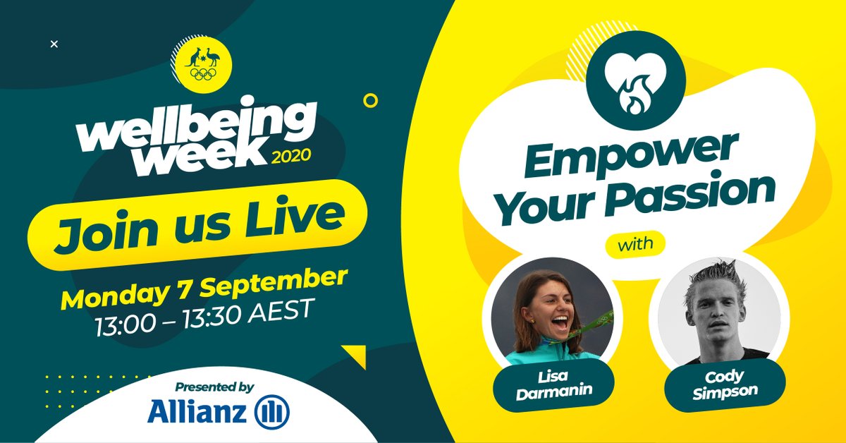 Wellbeing Week 2020 kicks off at 1pm AEST TODAY!
Join Olympic 🥈 medallist <a href="/Lisa_Darmanin/">Lisa Darmanin</a> &amp; global musician <a href="/CodySimpson/">Cody Simpson</a> as they discuss their mutual passion for environmental protection.

Learn how you can #EmpowerYourself in your individual passion 👉  facebook.com/AUSOlympicTeam…