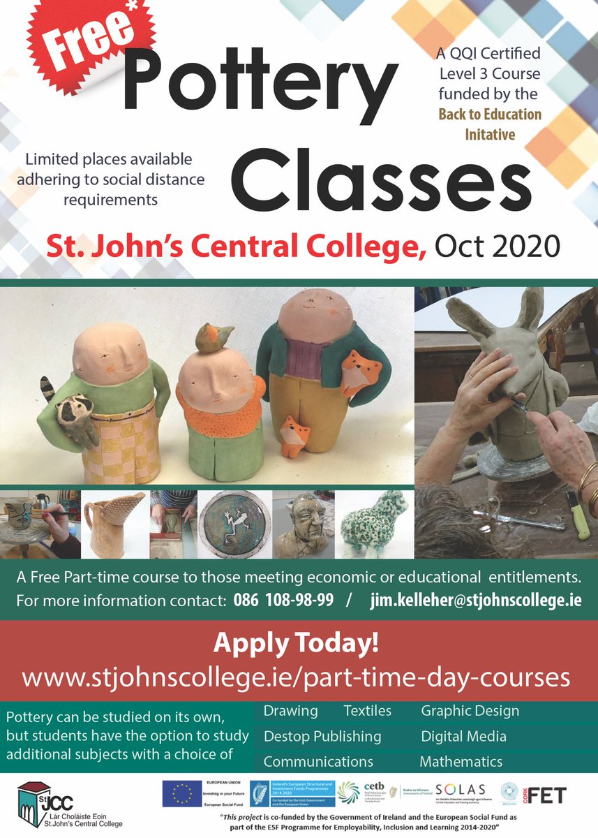 DouglasSt_CCFET's tweet image. #Free #PotteryClasses starting October @stjohnscentral1 Limited places due to social distancing requirements. Applications now open at stjohnscollege.ie/part-time-day-… @CorkETB @ThisisFet @SOLASFET @corklearning @yiyoungvoices @DouglasStBiz @yaycork @torban69 @elmarie96 @corkcitycouncil