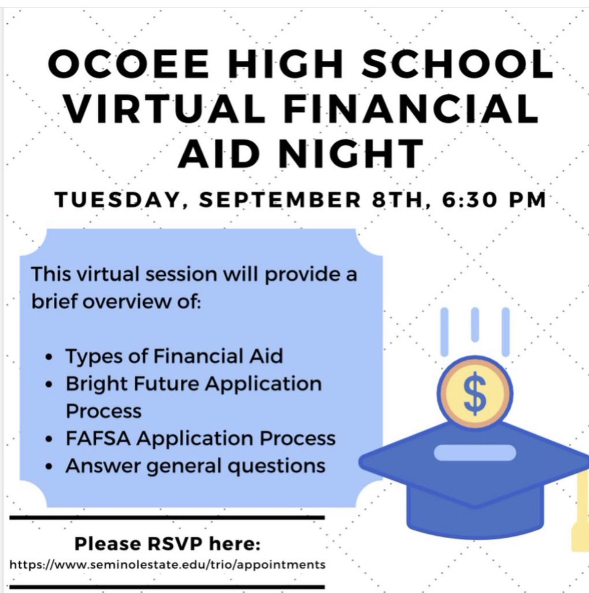 Ocoee_CCC's tweet photo. Knights! You &amp; your parents are invited to our Virtual Financial Aid Knight where you’ll learn of all the financial aid opportunities 💰 in place to help you cover the cost of higher education! Join us @ 6:30pm this Tuesday via zoom using the link provided in your student email! https://t.co/jvFwuJ6F1Y