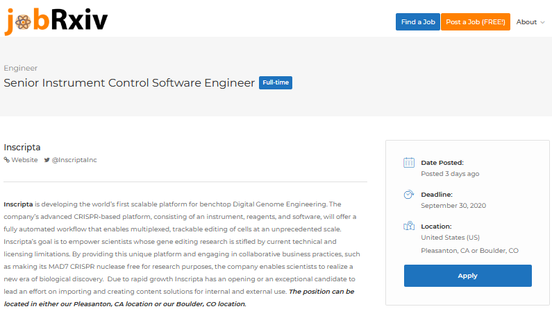 jobRxiv's tweet photo. #ScienceJobs:

Senior Instrument Control Software Engineer 

Inscripta (@InscriptaInc), Pleasanton, CA or Boulder, CO, USA

https://t.co/1BoBU8qtQ4

#Inscipta #CRISPR #geneediting #genomeengineering #Instrumentcontrol https://t.co/iRx57oCVUb