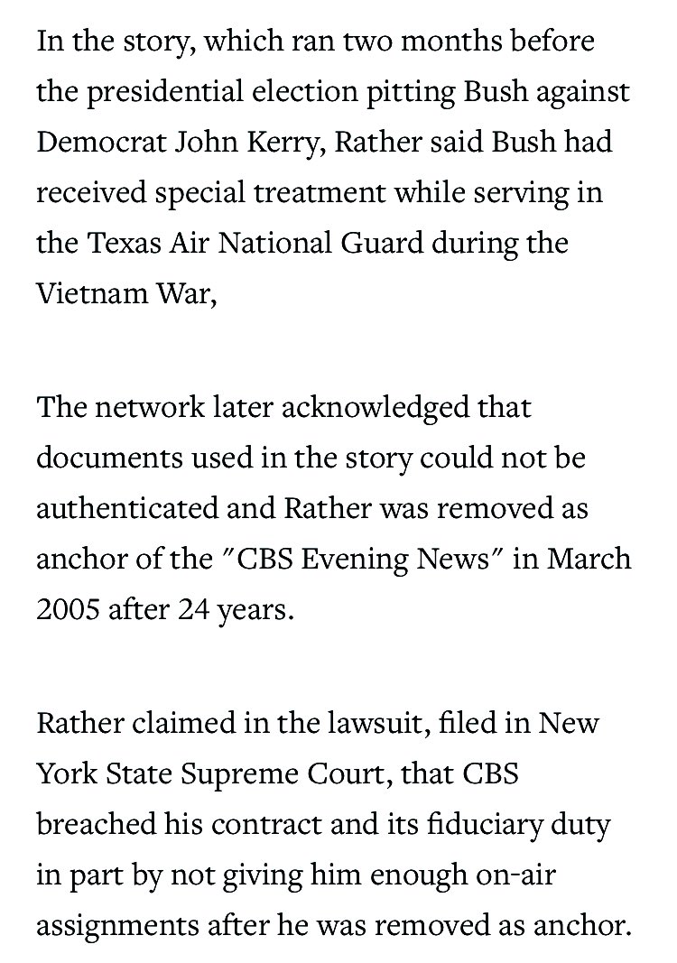 MSMCali's tweet photo. #Flashback #FakeNews #Reporters #Journalists #Smears #PoliticalHitJobs
What Rather reported about then-President George W. Bush, just 2 MONTHS before the presidential election was beyond disgraceful.
Rather was fired and later sued @CBSNews for
$70 Million—a lawsuit he lost. https://t.co/KlzD7uzImF