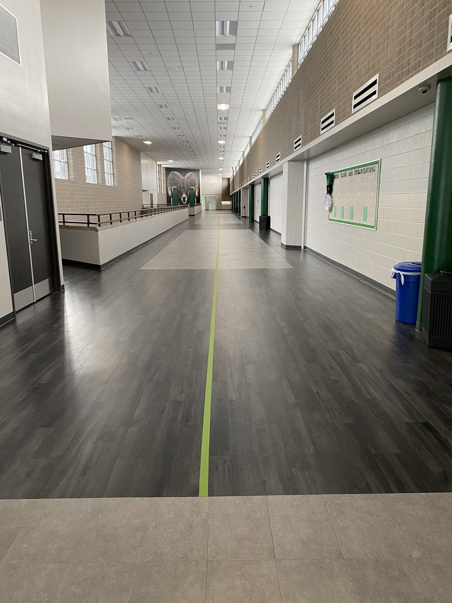 APMrG212's tweet photo. Since you all seemed to like the up and down stairs, how about right and left lanes in all hallways? Ready for Tuesday to promote social distancing! 

#RamsOnRight #MaydeForThis https://t.co/fCRV03QBNm