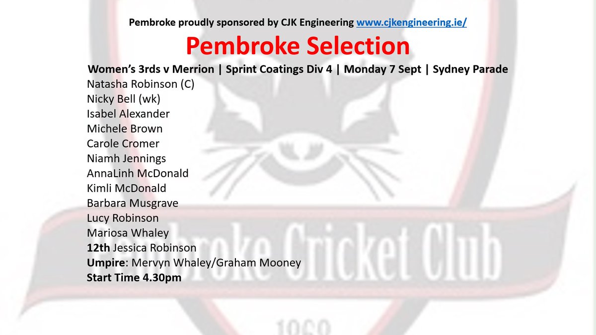 pembrokecricket's tweet photo. Game Day! Team Sheet for Women's 3rds at home to @MerrionCC at 4.30pm #pccfamily #WeArePembroke #pccproud @CJKEngineering https://t.co/Meklsedm4E